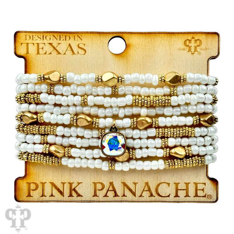 Gold, silver and white pony bead stacked bracelet