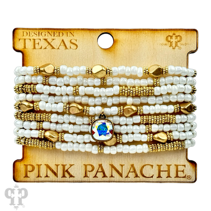 Gold, silver and white pony bead stacked bracelet