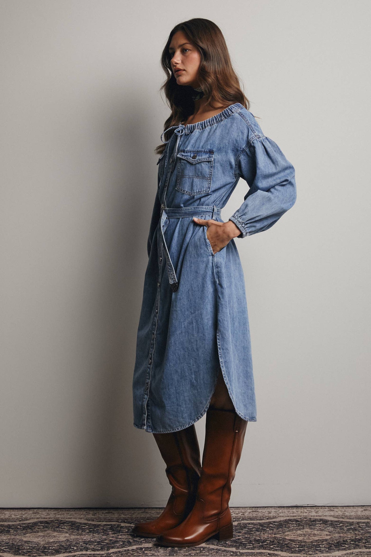 Off-Shoulder Belted Denim Dress