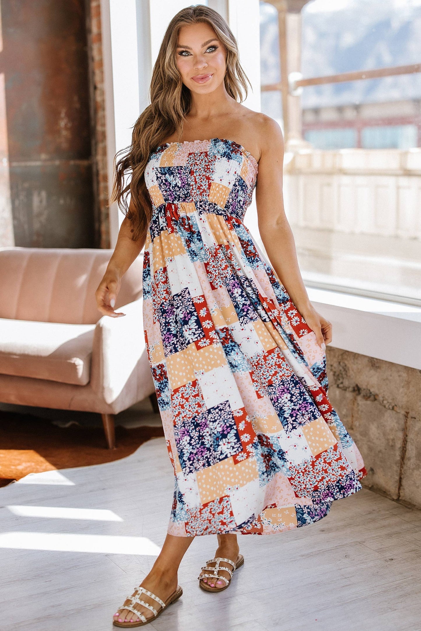 Ivy Patchwork Smocked Midi Dress