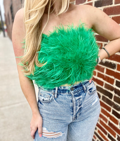 Fancy Strapless Feather Crop Top - Green